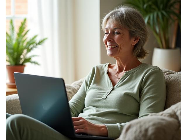 Žena sa slušalicama komunicira putem video poziva na laptopu, ilustrujući online podršku i vezu sa prirodom.